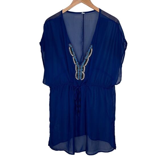 Unknown Other - Semi Sheer Swimsuit Cover Up Navy Beautiful Beaded Front Detail